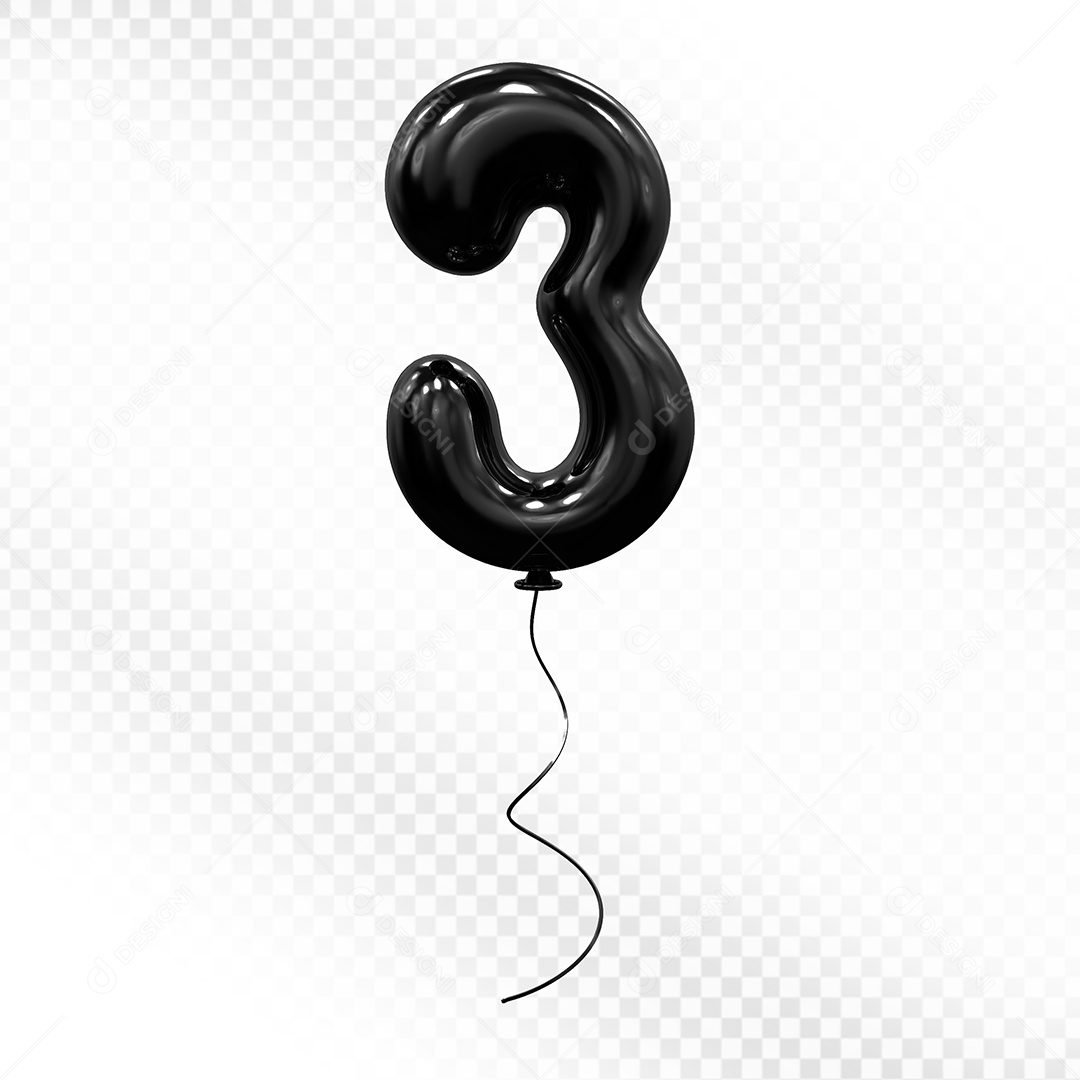 Elemento 3D Balão Preto de Número 3 Para composição PSD
