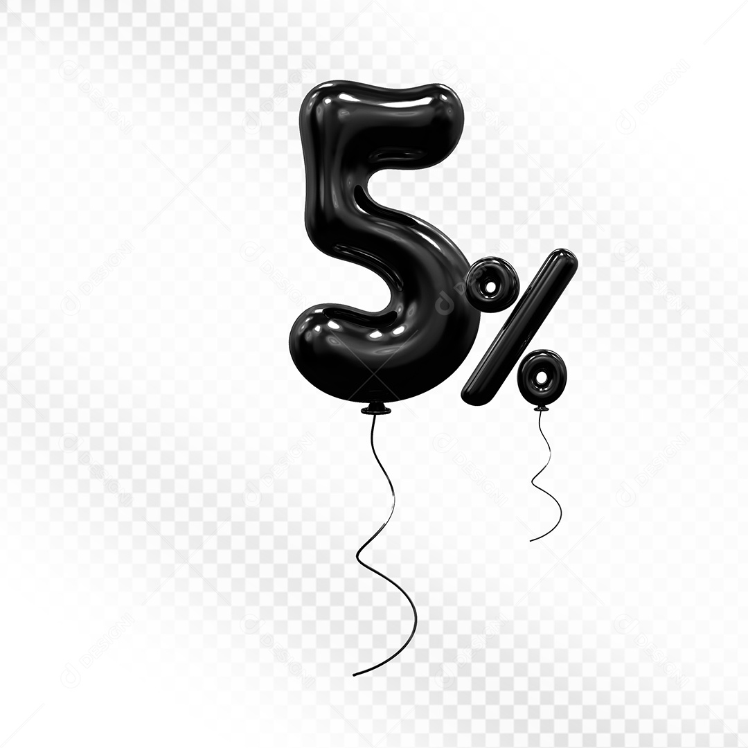Elemento 3D Balão Preto de Número 5% Para composição PSD