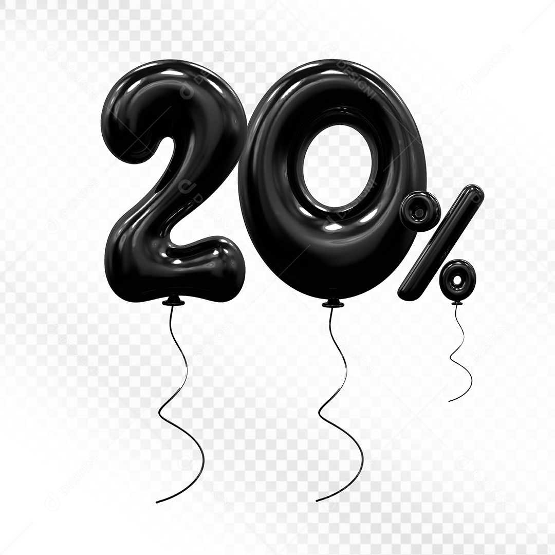 Elemento 3D Balão Preto de Número 20% Para composição PSD