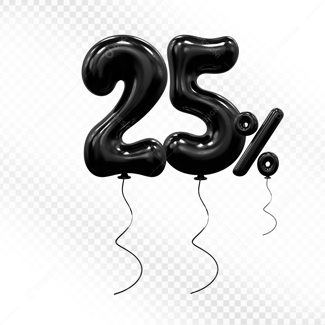 Elemento 3D Balão Preto de Número 25% Para composição PSD