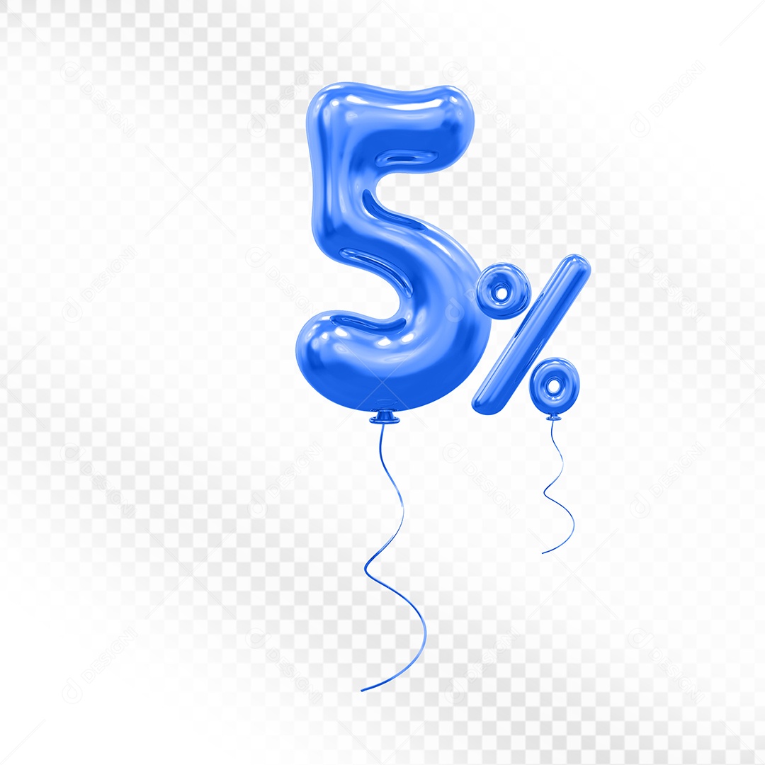 Elemento 3D Balão Azul de Número 5% Para composição PSD