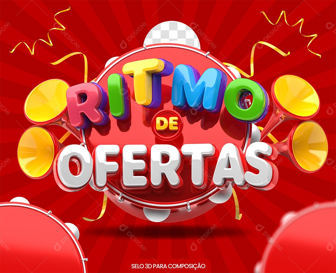 Ritmo De Ofertas Selo 3D Vermelho e Colorido para Composição PSD