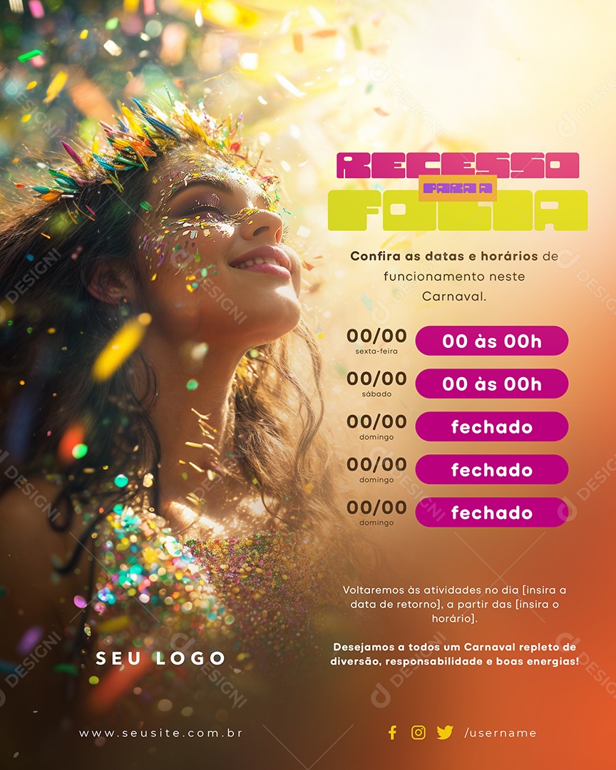 Recesso Carnaval Confira Horários e Datas de Social Media PSD Editável