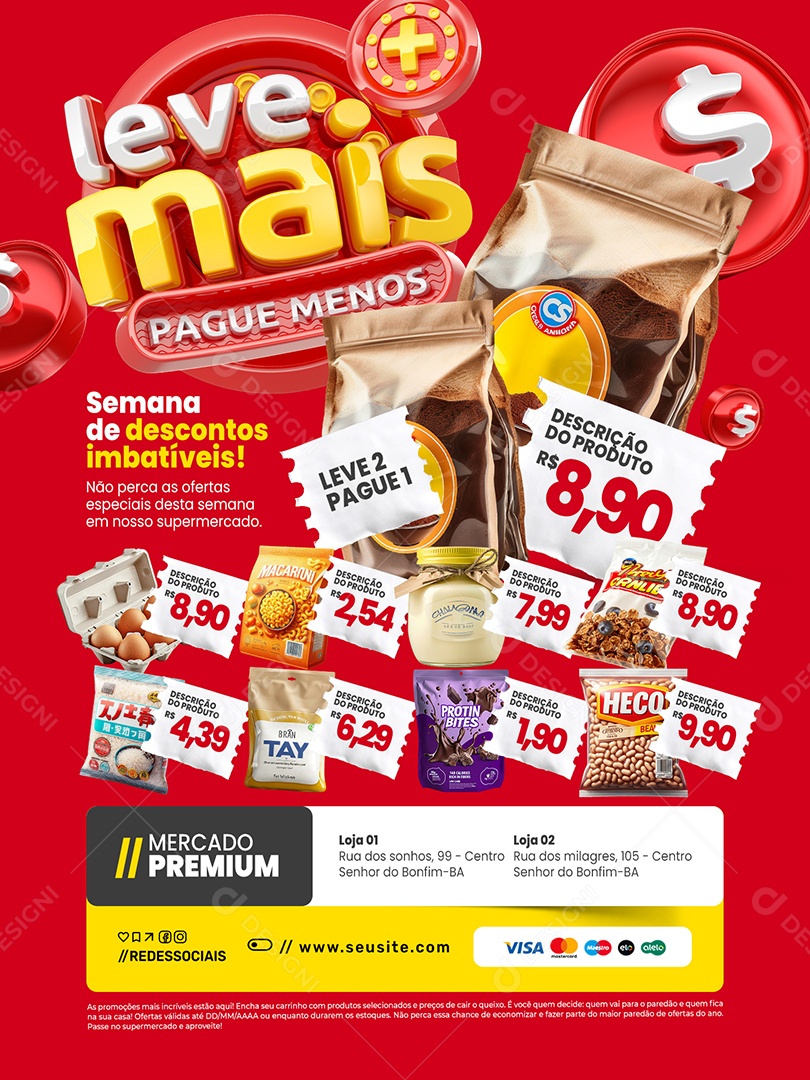 Leve Mais Pague Menos Supermercado Encarte Semana de Descontos Imbatíveis Social Media PSD Editável
