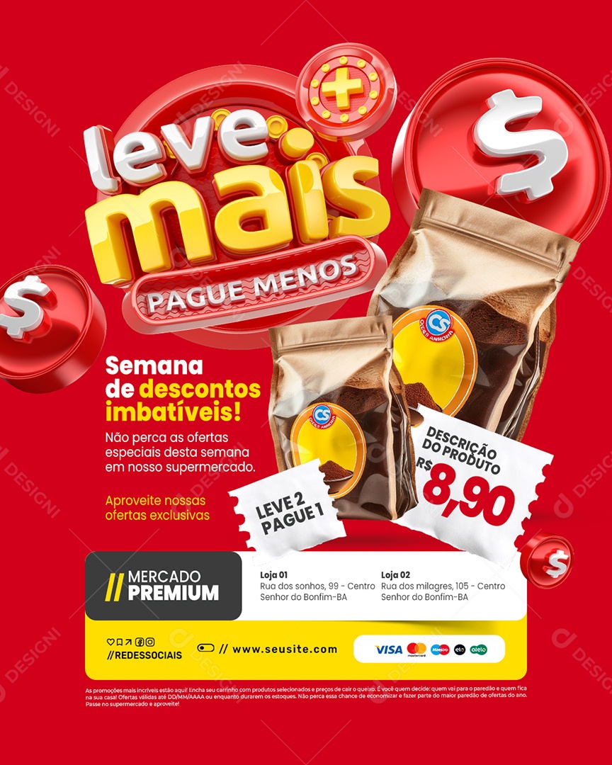 Leve Mais Pague Menos Supermercado Semana de Descontos Imbatíveis Social Media PSD Editável
