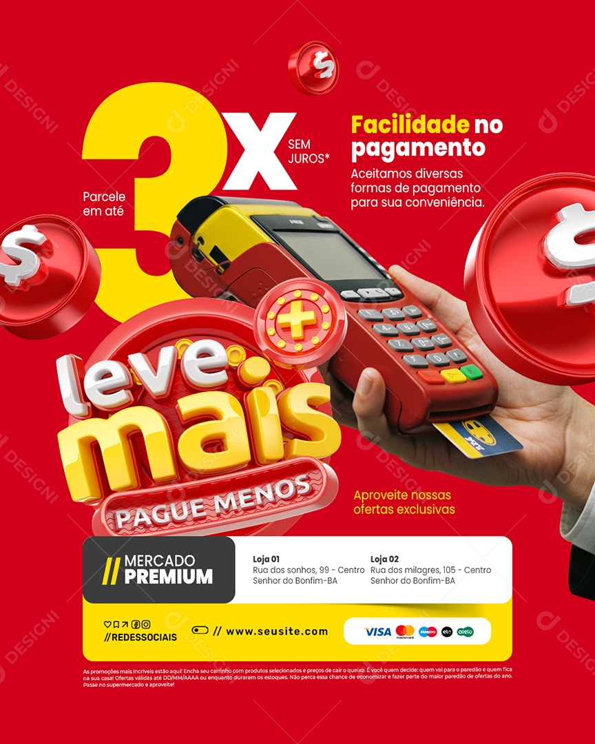 Leve Mais Pague Menos Supermercado Facilidade no Pagamento Social Media PSD Editável