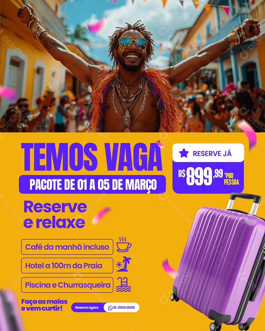 Pousada Promoção de Carnaval Vaga para Hotel Social Media PSD Editável
