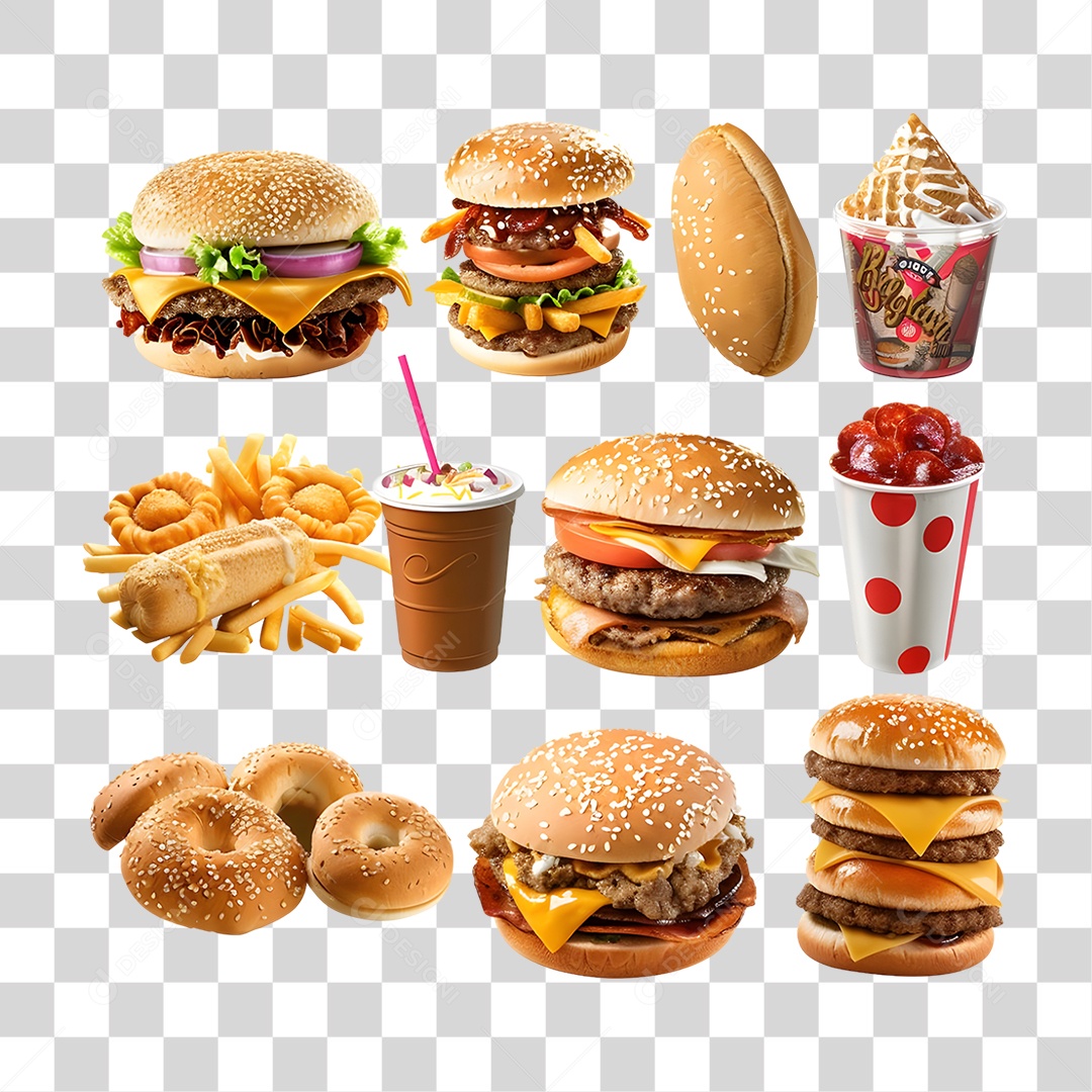 Conjunto de Lanches e Hamburgueres PNG Transparente