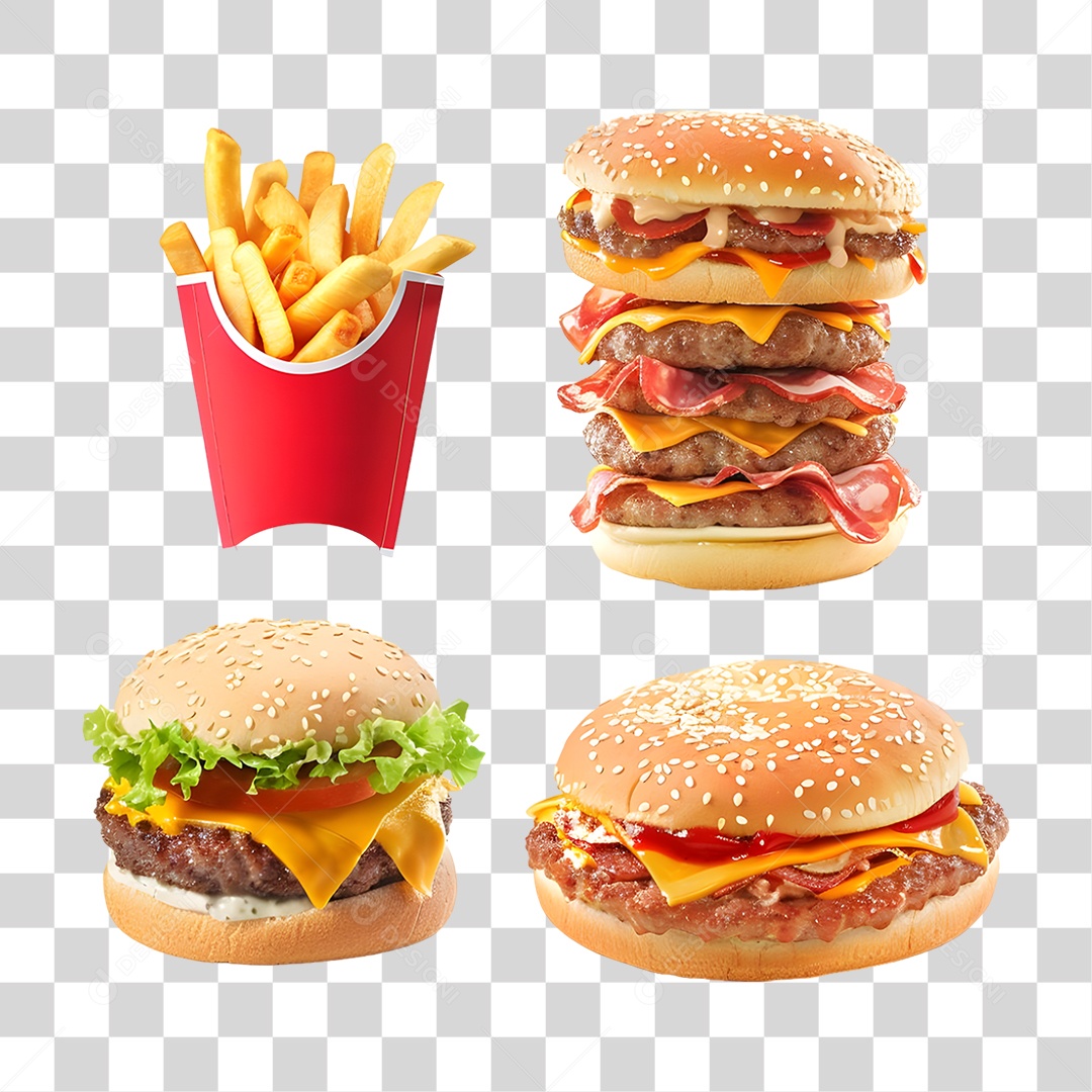 Conjunto de Lanches e Hamburgueres PNG Transparente