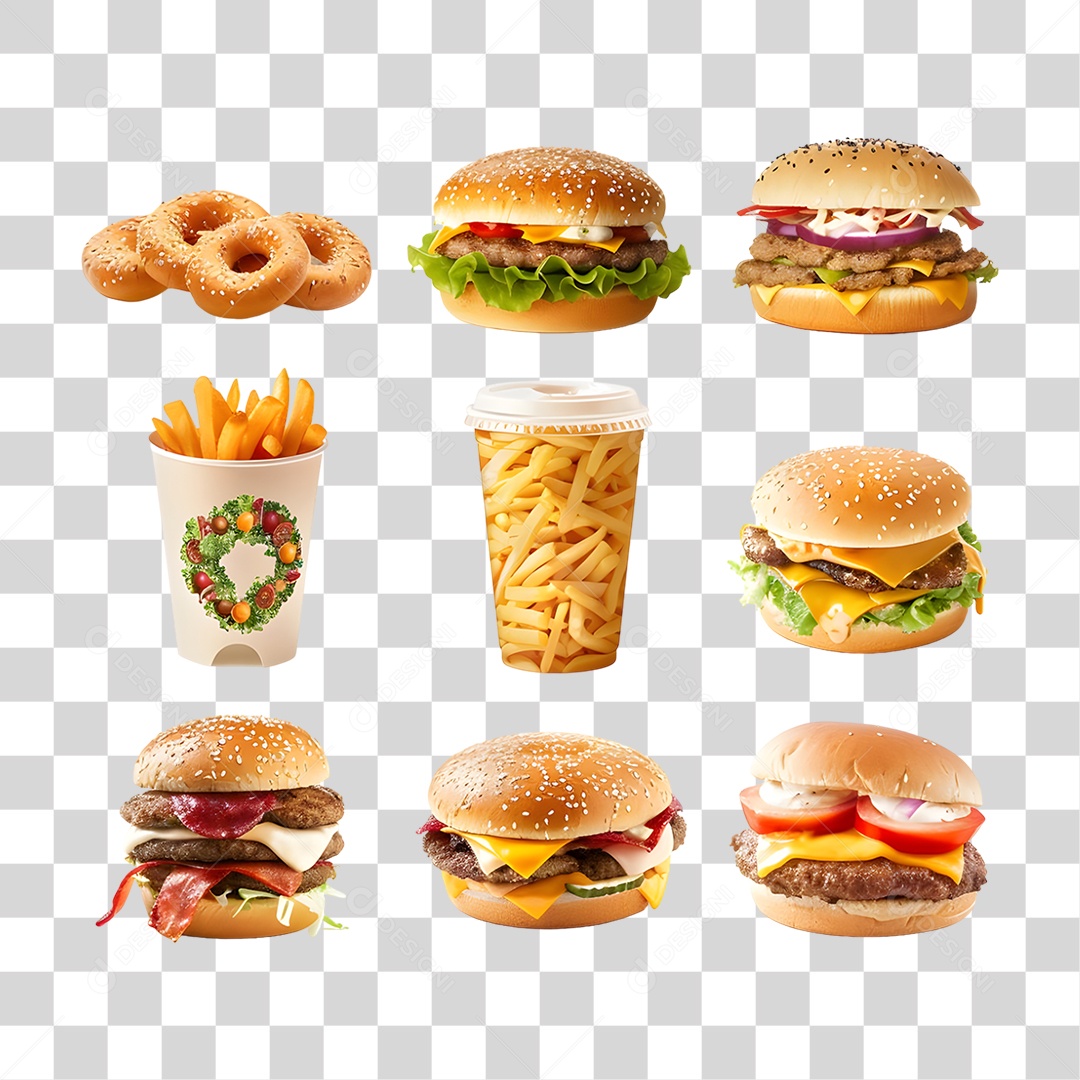 Conjunto de Lanches e Hamburgueres PNG Transparente