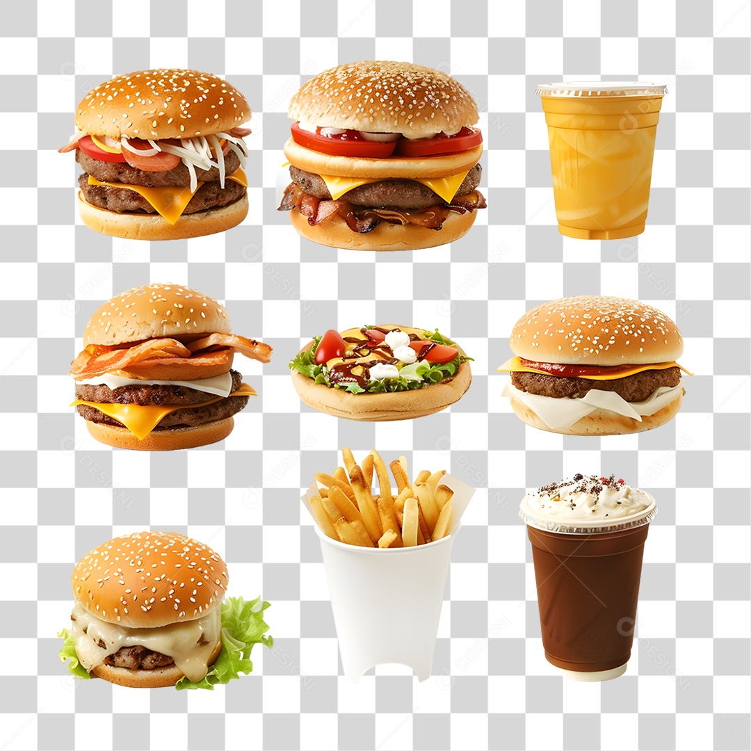 Conjunto de Lanches e Hamburgueres PNG Transparente