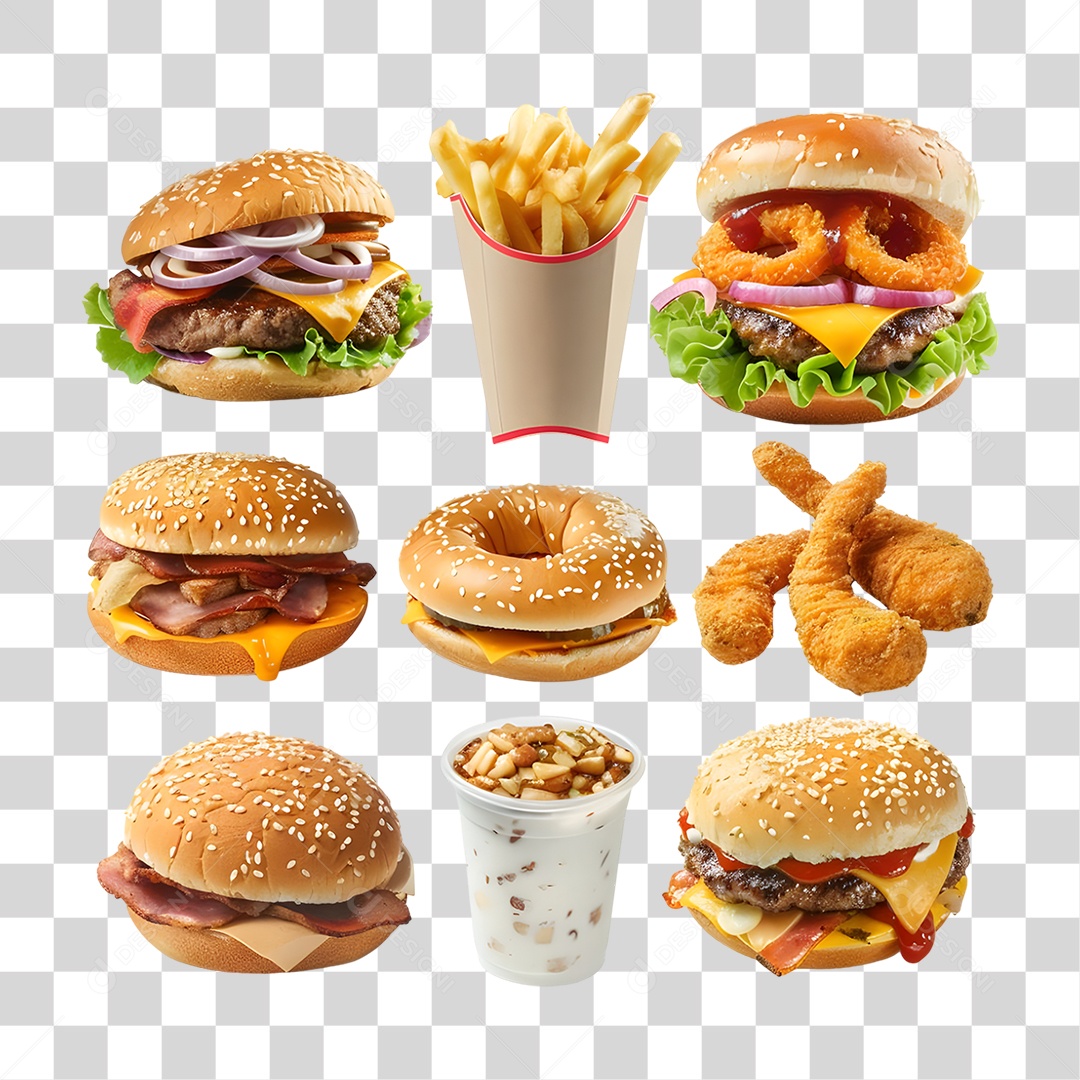 Conjunto de Lanches e Hamburgueres PNG Transparente