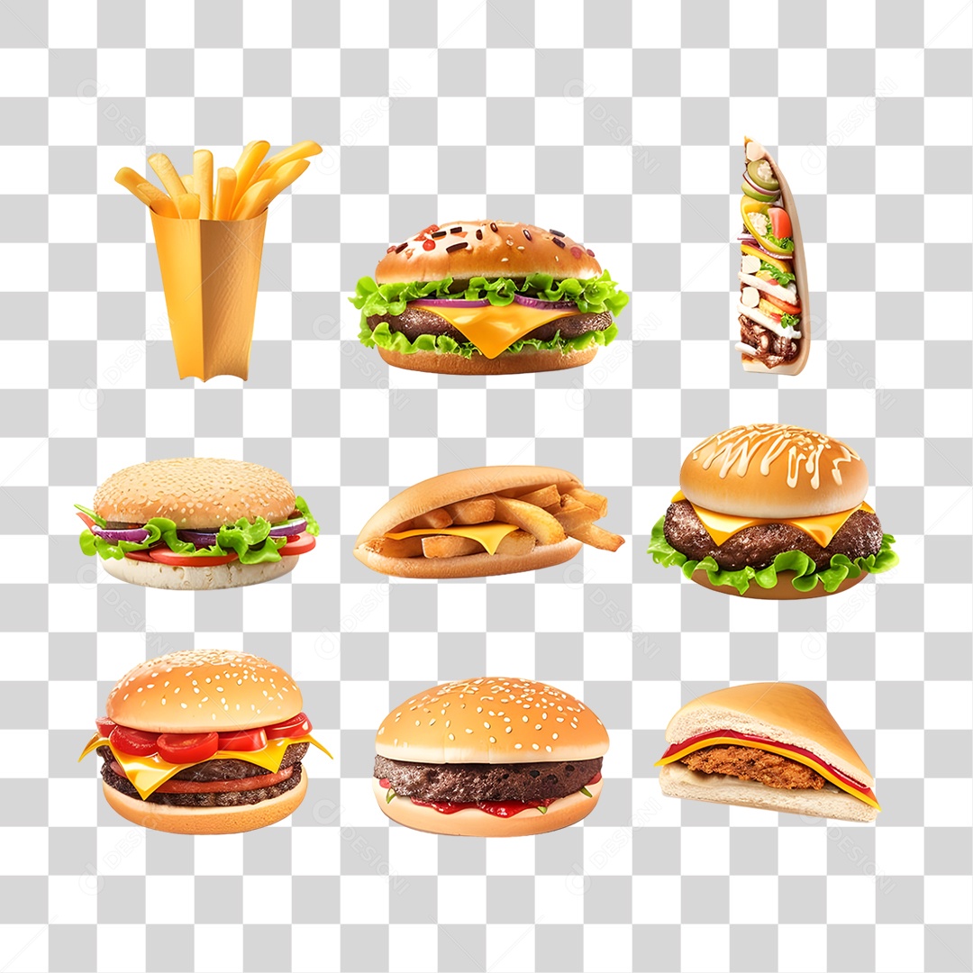 Conjunto de Lanches e Hamburgueres PNG Transparente