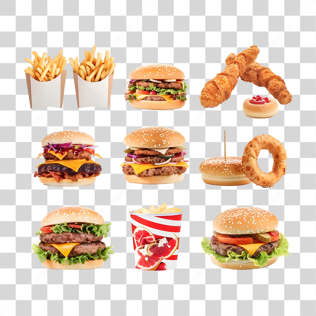Conjunto de Lanches e Hamburgueres PNG Transparente