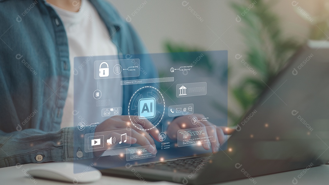 Mão de empresário mechendo em leptop com tecnologia avançada IA inteligência artificial sobre fundo desfocado