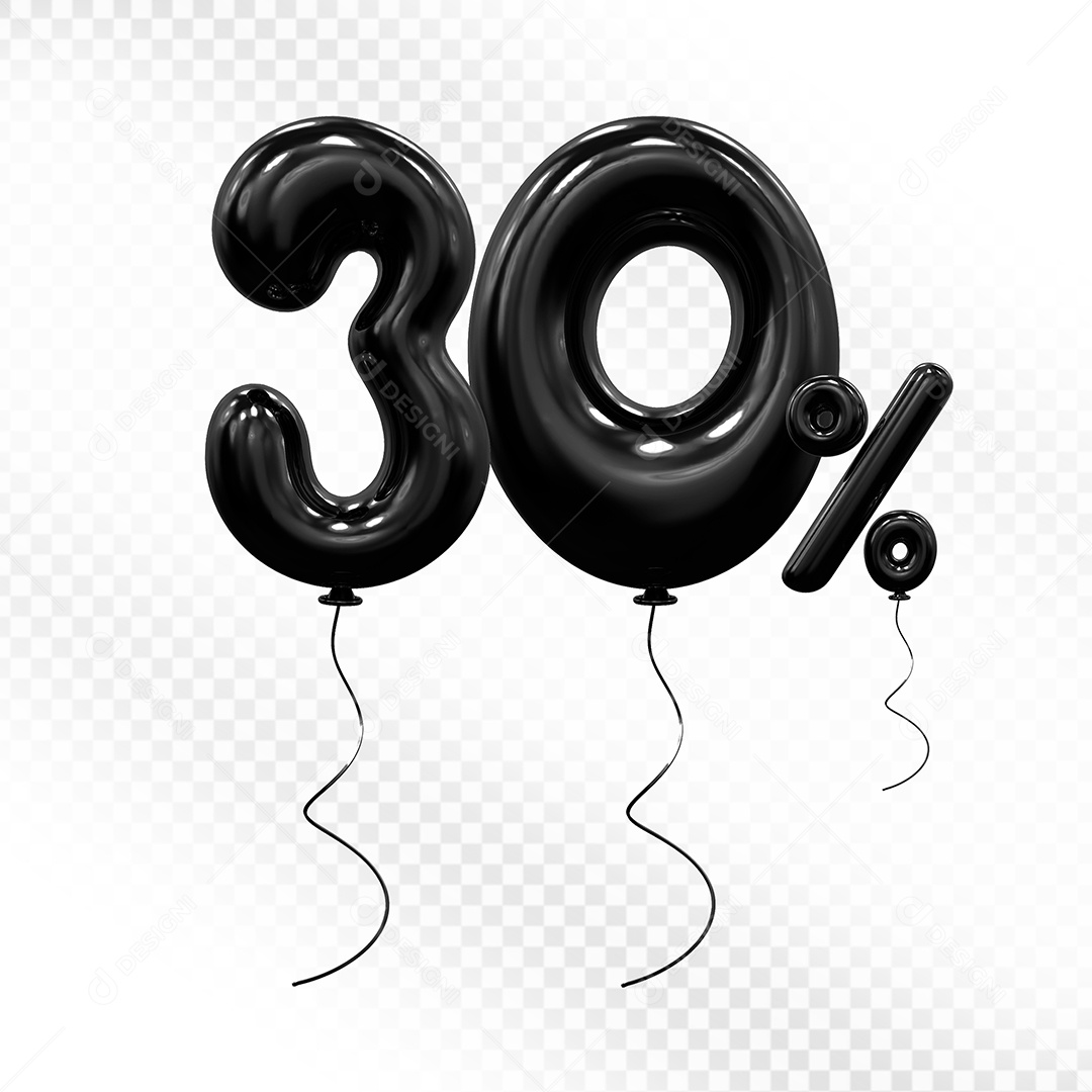 Elemento 3D Balão Preto de Número 30% Para composição PSD