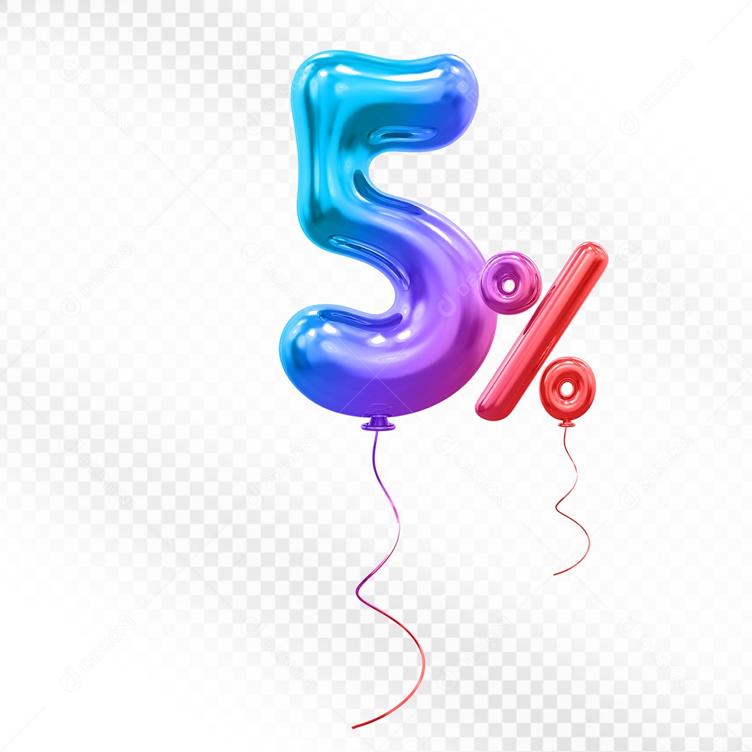 Elemento 3D Balão Colorido de Número 5% Para composição PSD