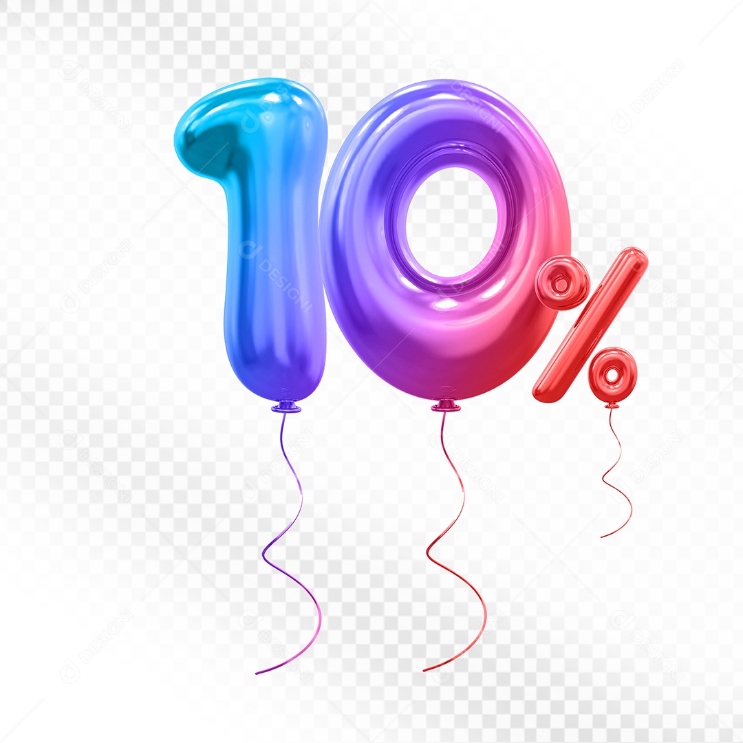 Elemento 3D Balão Colorido de Número 10% Para composição PSD