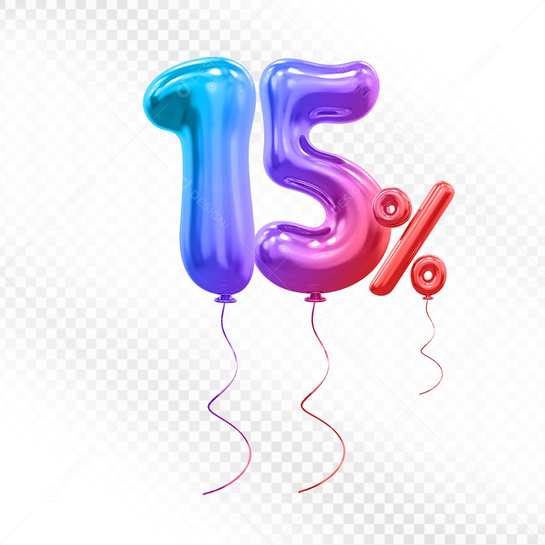 Elemento 3D Balão Colorido de Número 15% Para composição PSD