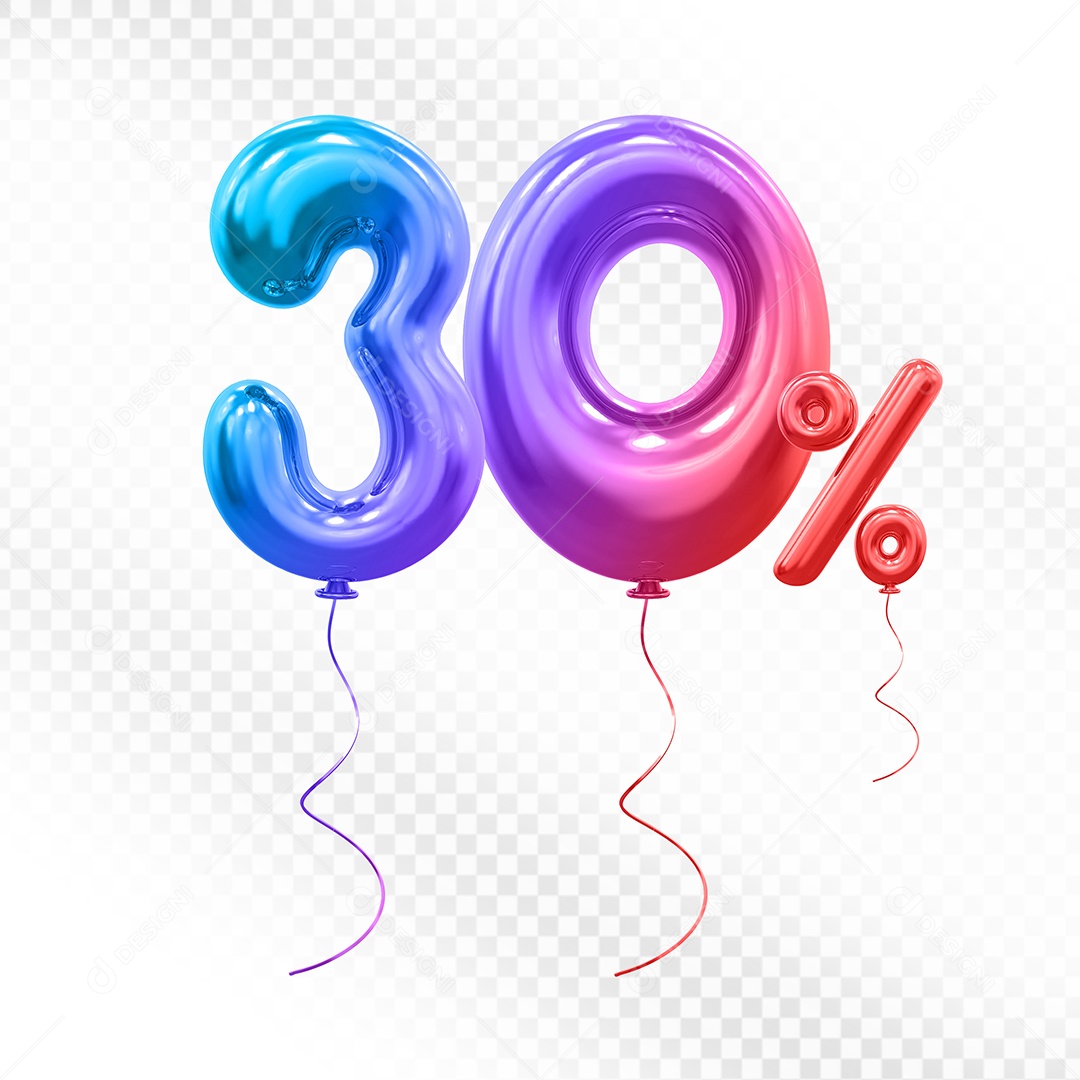 Elemento 3D Balão Colorido de Número 30% Para composição PSD