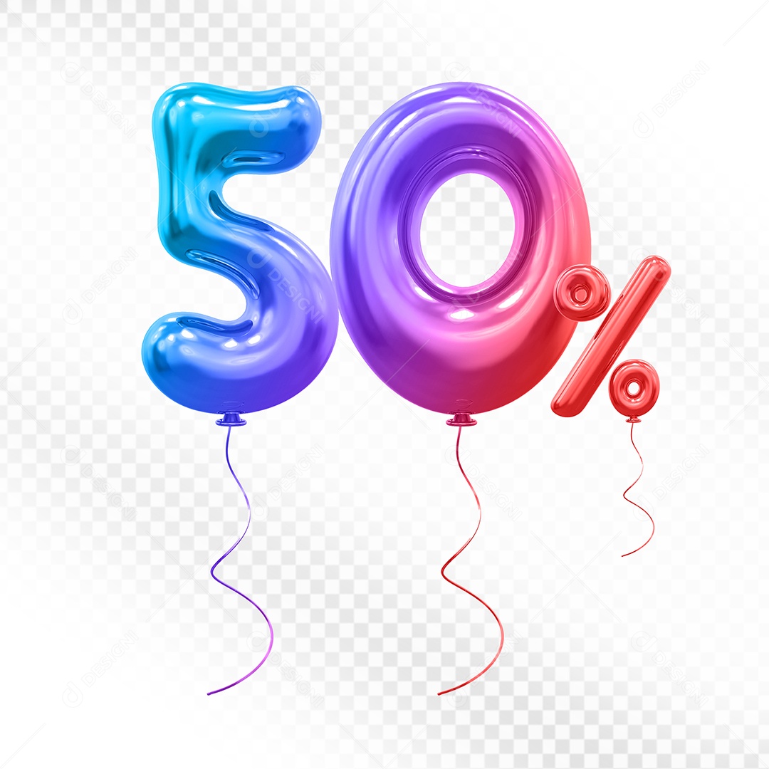 Elemento 3D Balão Colorido de Número 50% Para composição PSD