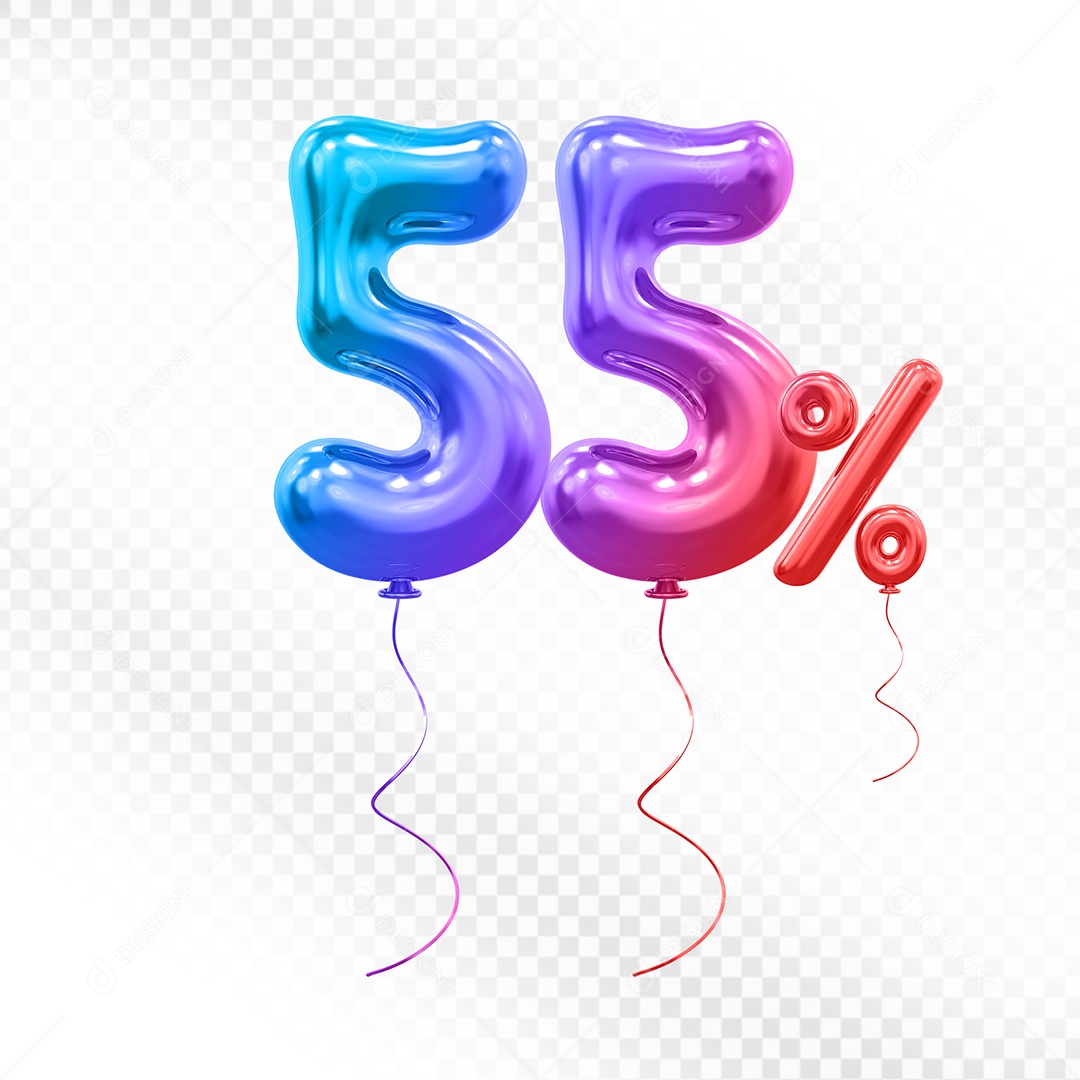 Elemento 3D Balão Colorido de Número 55% Para composição PSD
