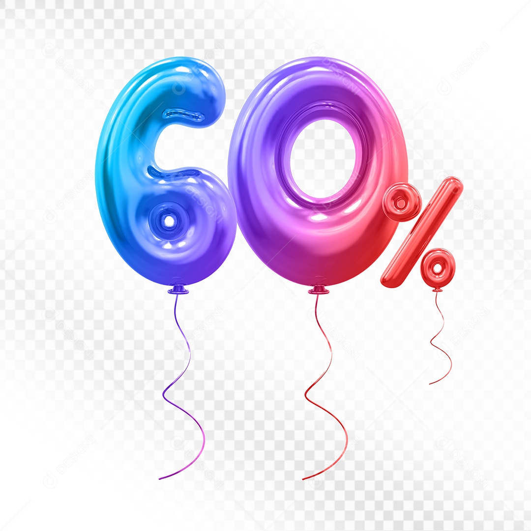 Elemento 3D Balão Colorido de Número 60% Para composição PSD