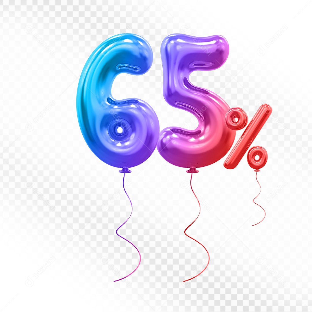 Elemento 3D Balão Colorido de Número 65% Para composição PSD