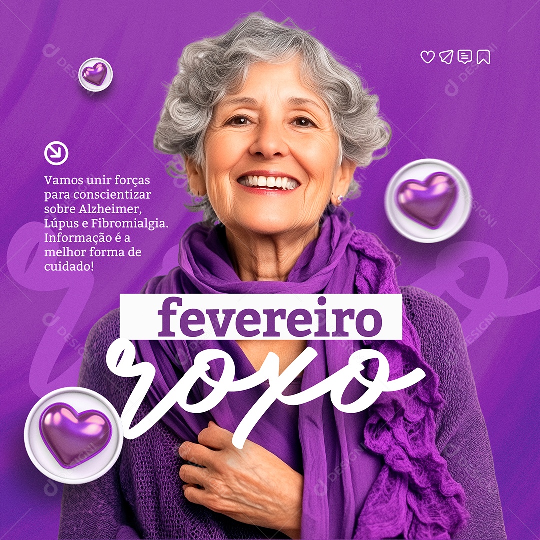 Fevereiro Roxo Mês De Consciência Sobre Lúpus Fibromialgia Alzheimer Social Media PSD Editável
