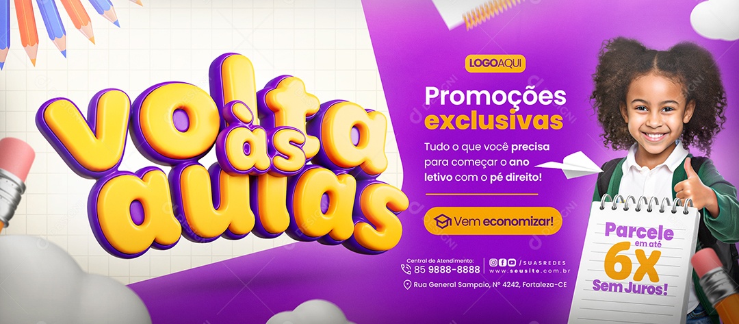 Banner Volta às Aulas Papelaria Promoções Exclusivas Social Media PSD Editável