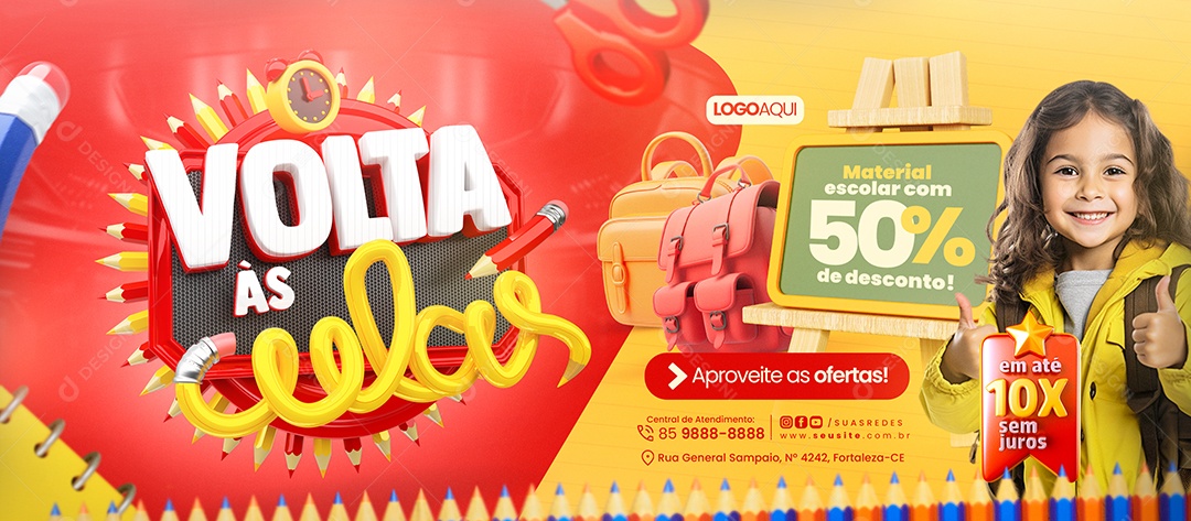 Banner Volta às Aulas Papelaria Material Escolar com 50% de Desconto Social Media PSD Editável