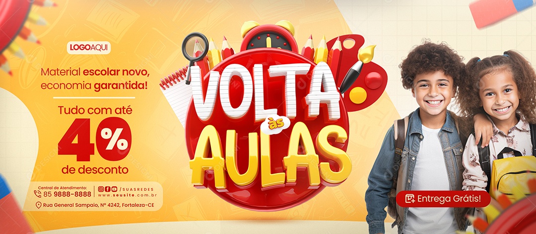 Banner Volta às Aulas Papelaria Material Escolar Social Media PSD Editável