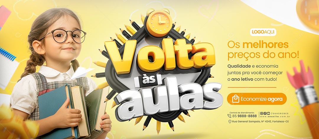 Banner Volta às Aulas Papelaria Economize Agora Social Media PSD Editável