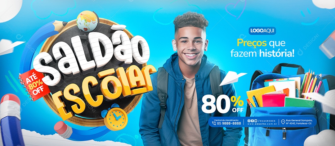 Banner Saldão Volta às Aulas Papelaria Até 80% Off Social Media PSD Editável