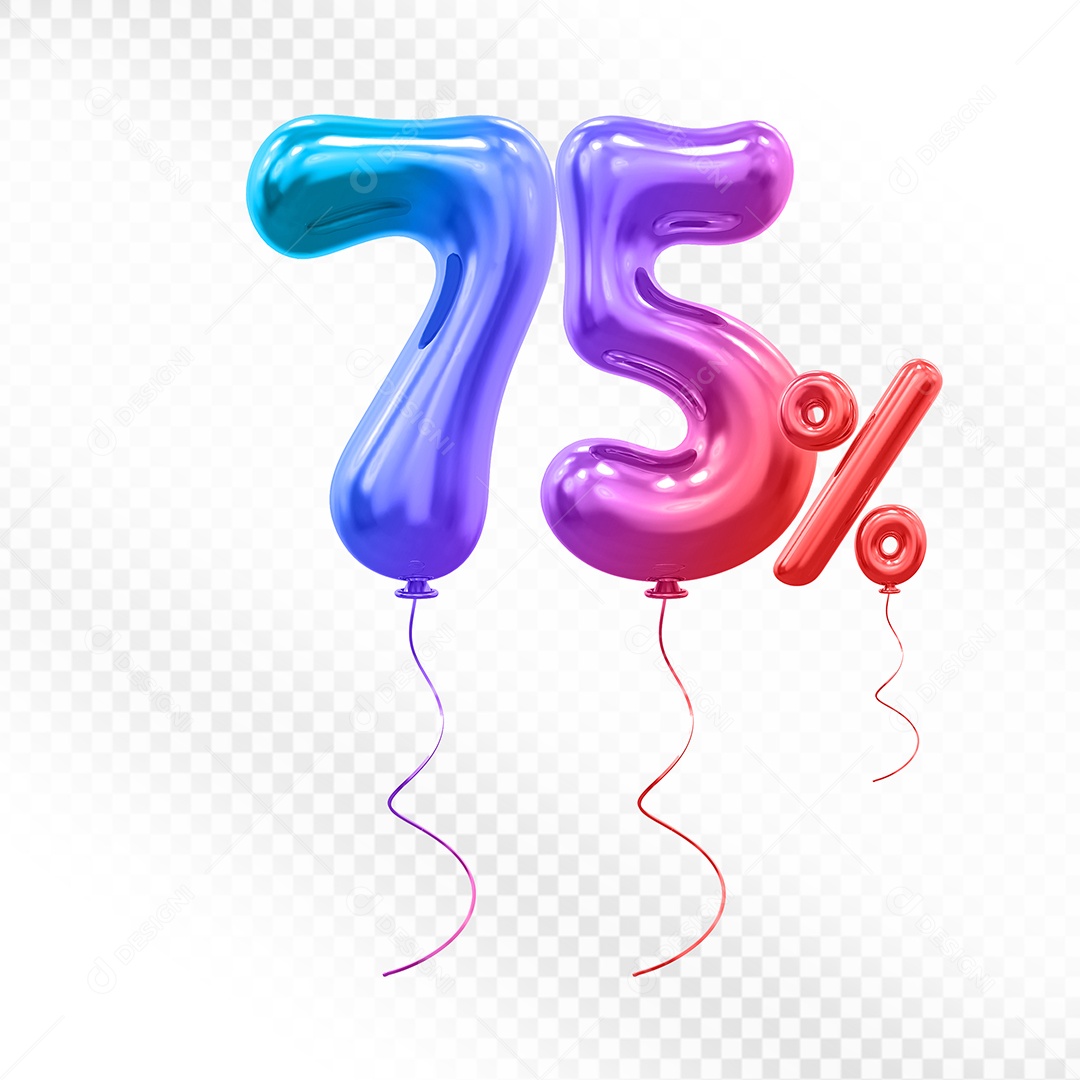Elemento 3D Balão Azul de Número 75% Para composição PSD