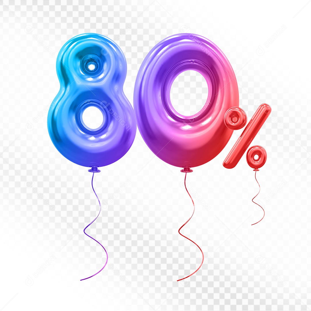 Elemento 3D Balão Azul de Número 80% Para composição PSD