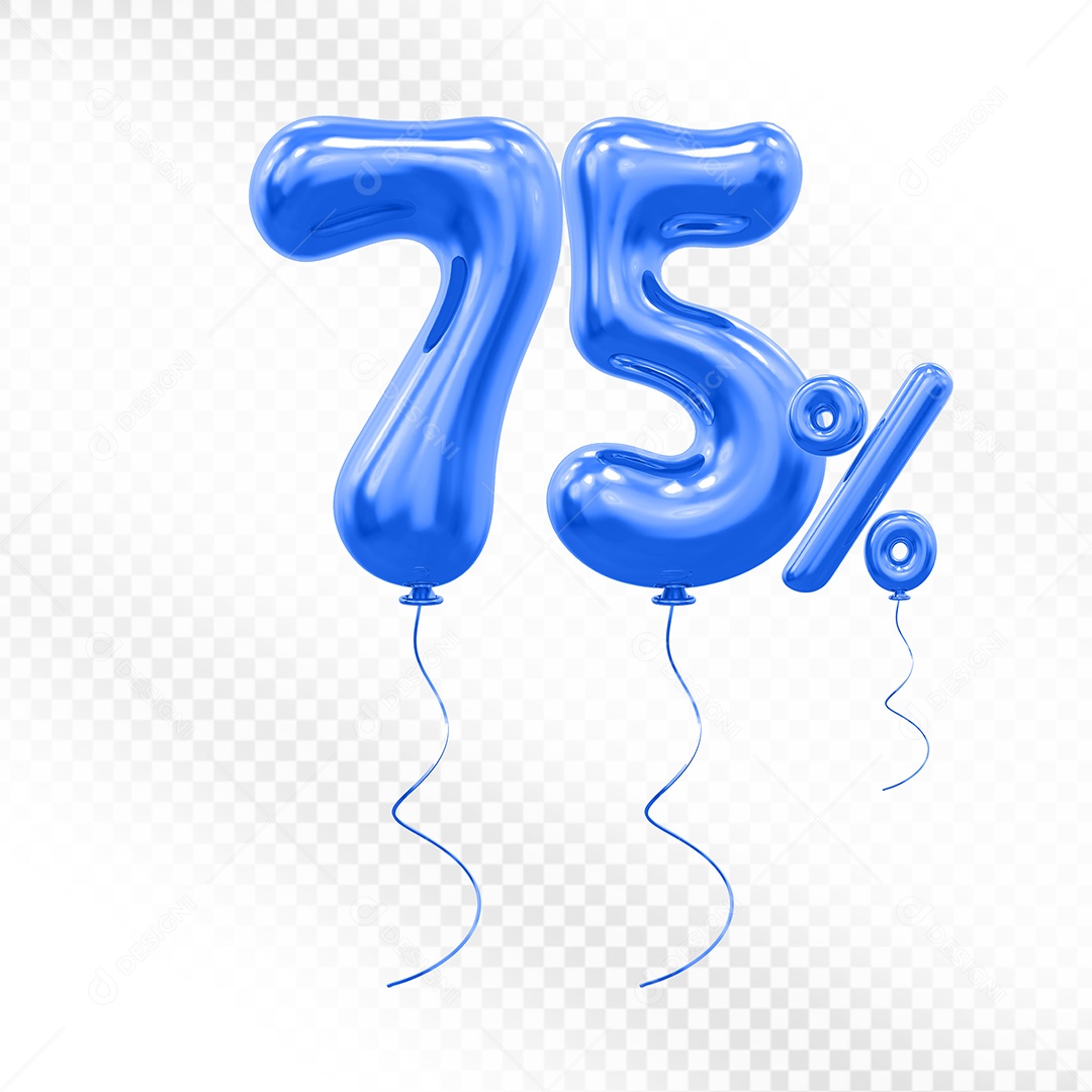 Elemento 3D Balão Azul de Número 75% Para composição PSD