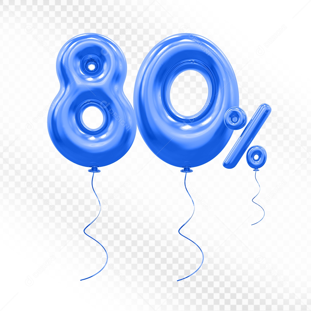 Elemento 3D Balão Azul de Número 80% Para composição PSD