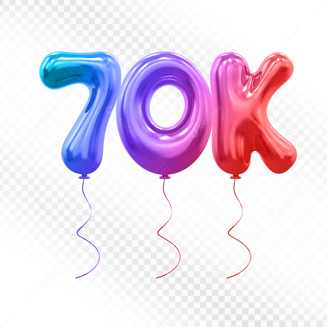 Elemento 3D Balão Colorido de Número 70K Para composição PSD