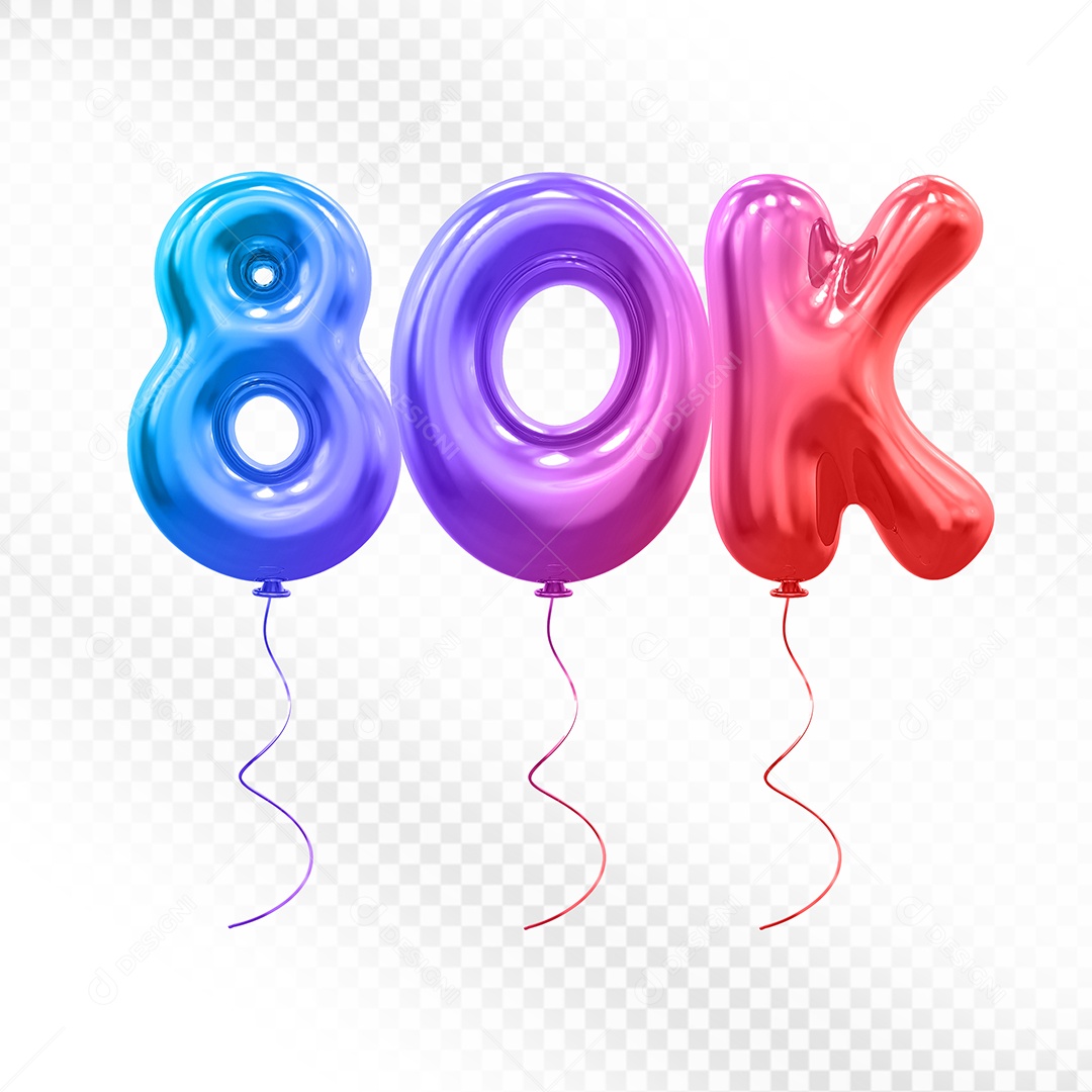 Elemento 3D Balão Colorido de Número 80K Para composição PSD