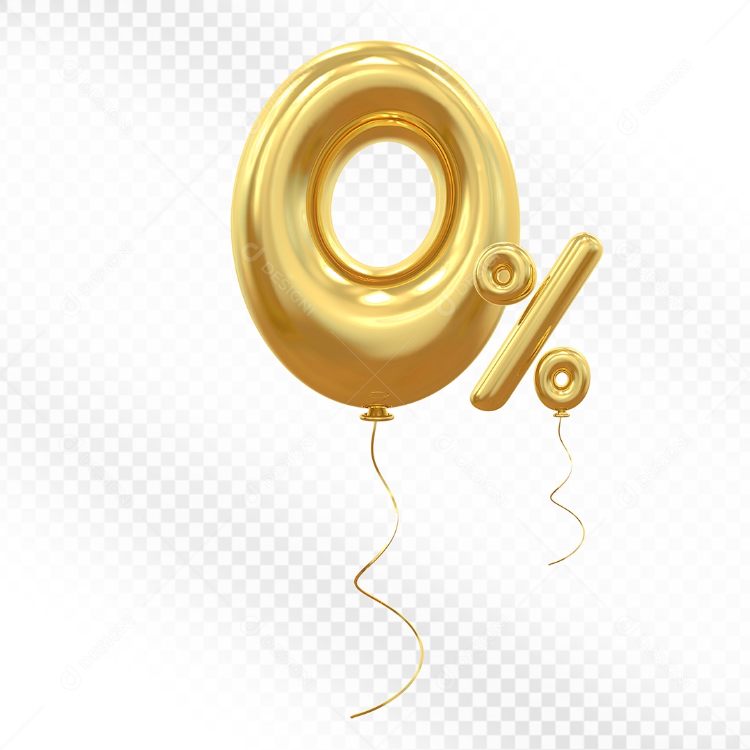 Elemento 3D Balão Dourado de Número 0% Para composição PSD