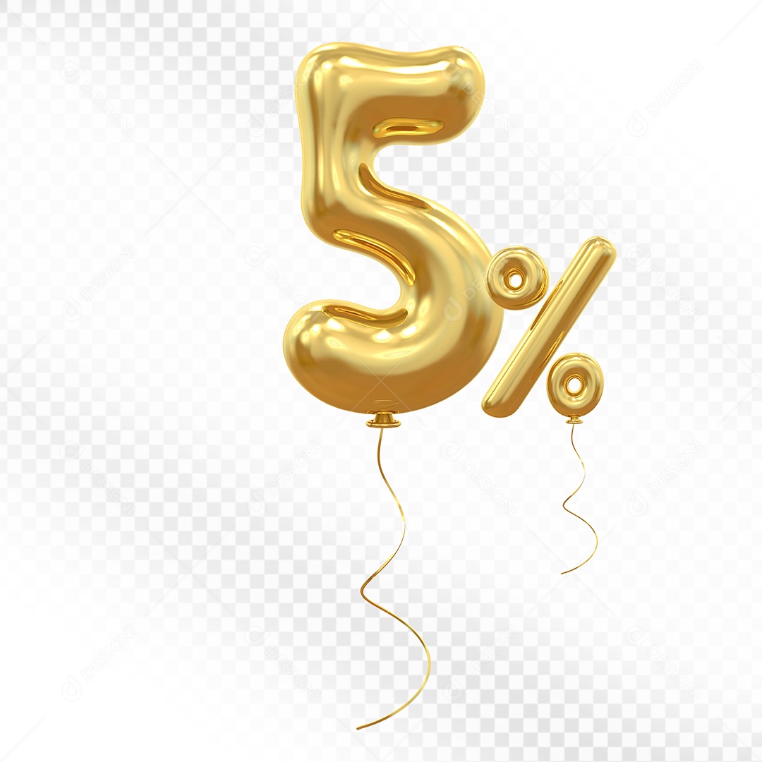 Elemento 3D Balão Dourado de Número 5% Para composição PSD