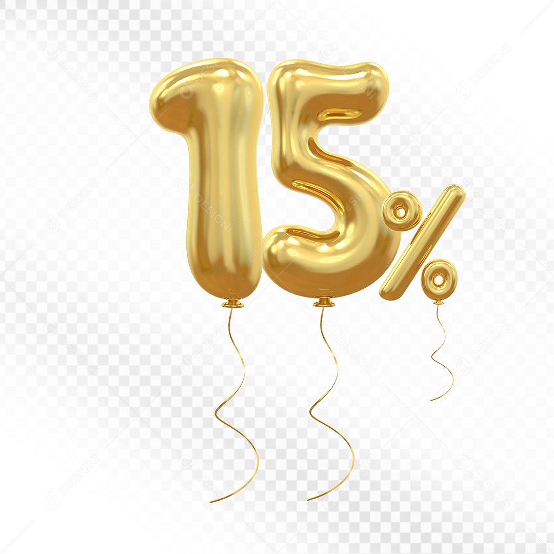 Elemento 3D Balão Dourado de Número 15% Para composição PSD