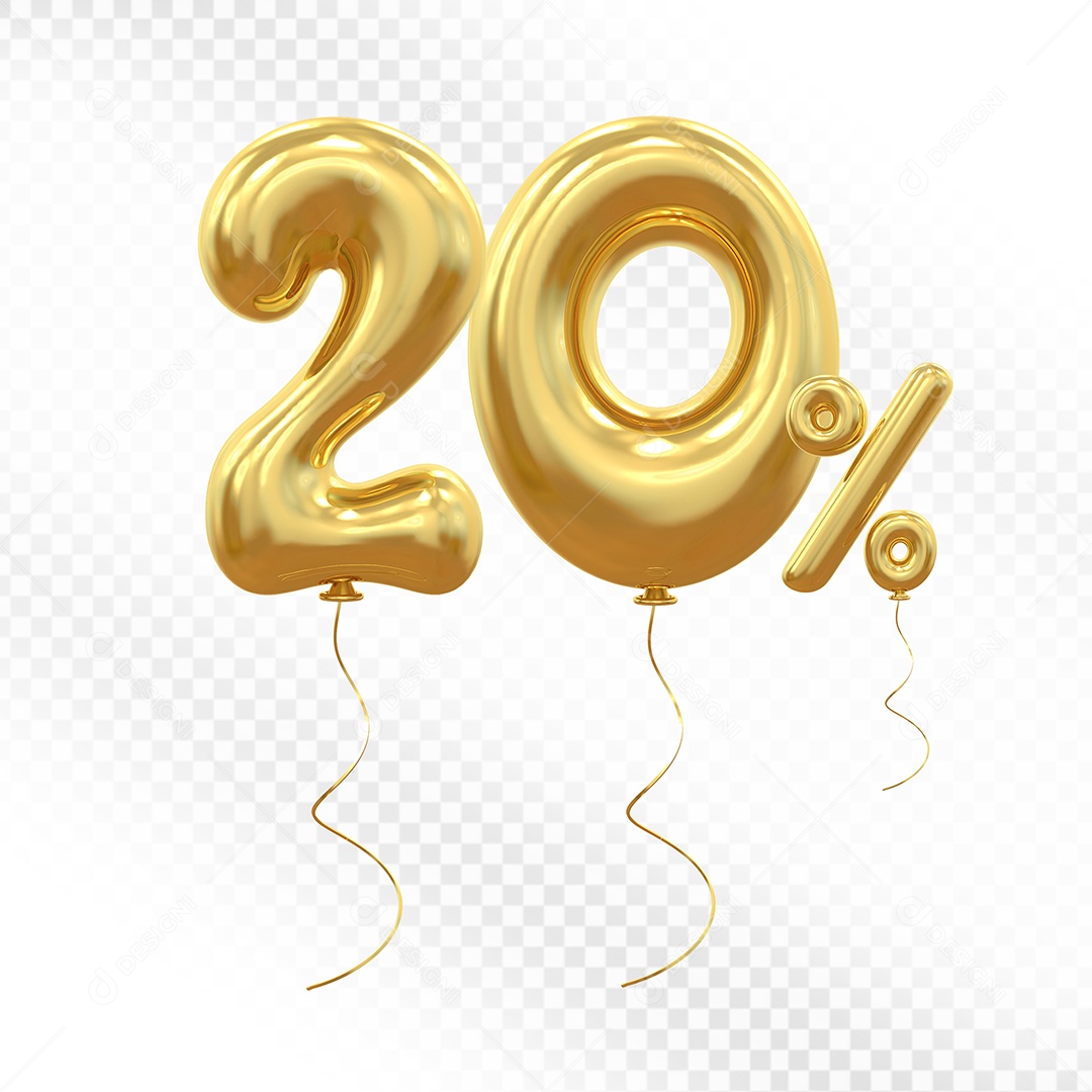 Elemento 3D Balão Dourado de Número 20% Para composição PSD