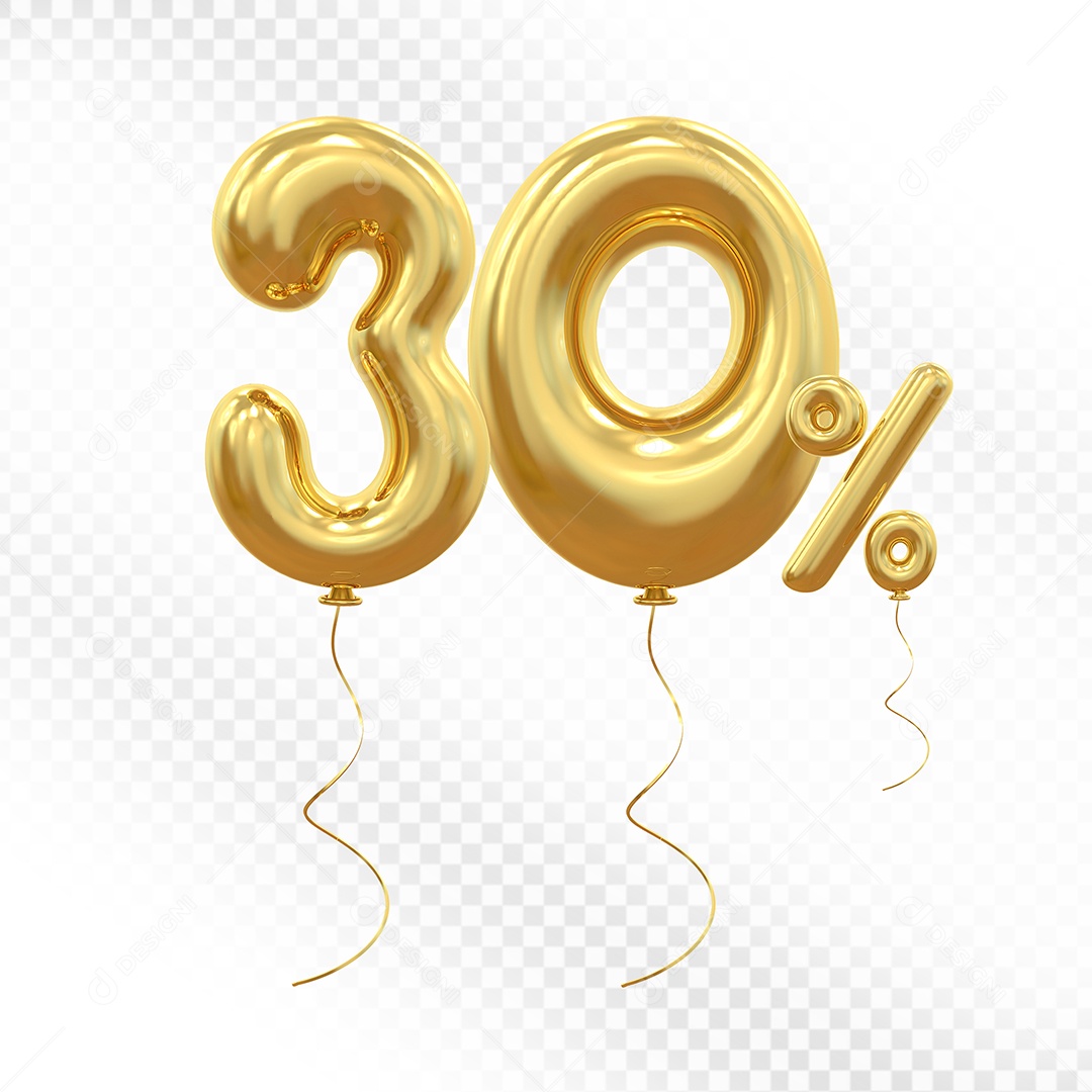 Elemento 3D Balão Dourado de Número 30% Para composição PSD