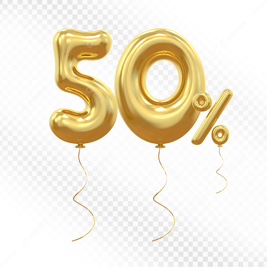 Elemento 3D Balão Dourado de Número 50% Para composição PSD