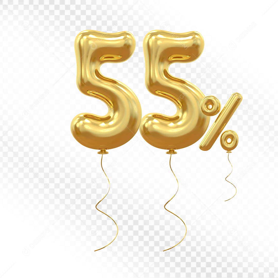 Elemento 3D Balão Dourado de Número 55% Para composição PSD