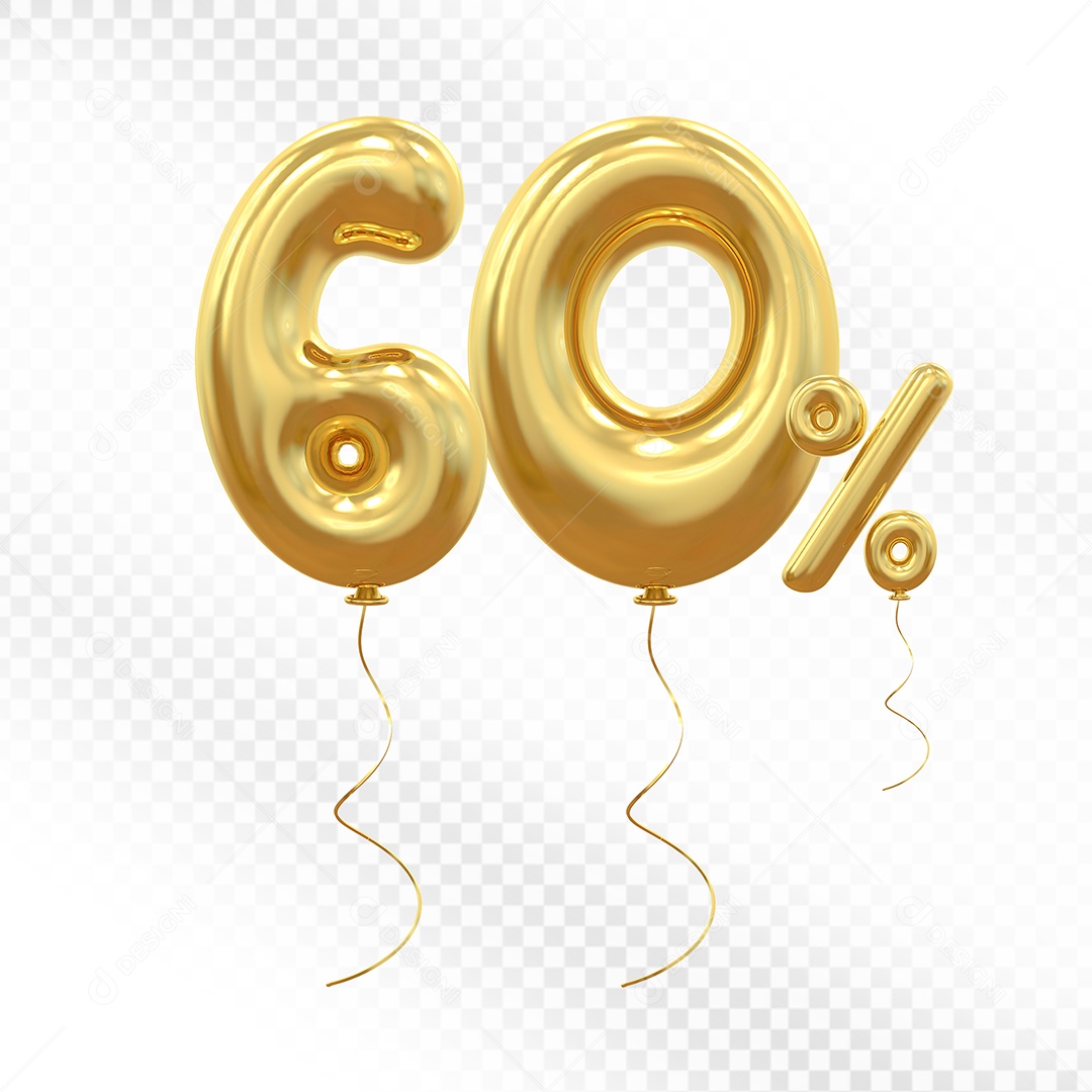 Elemento 3D Balão Dourado de Número 60% Para composição PSD