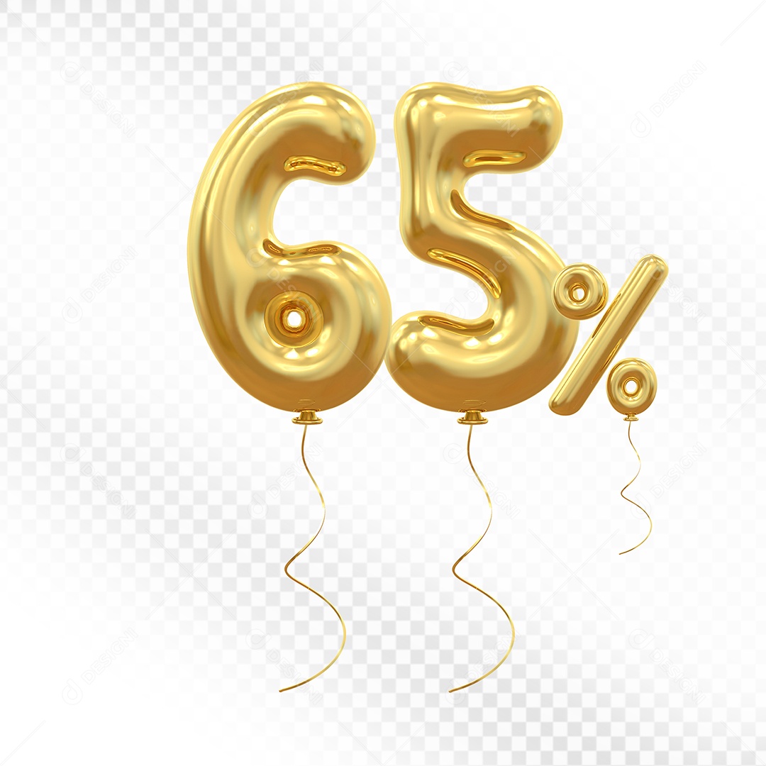 Elemento 3D Balão Dourado de Número 65% Para composição PSD
