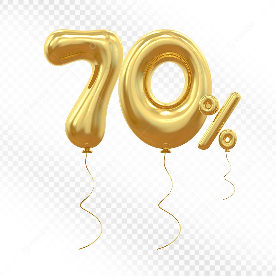 Elemento 3D Balão Dourado de Número 70% Para composição PSD